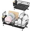 TOOLF Expandable , Adjustable Dish Rack, Foldable Dish Drying Rack with Removable Cutlery Holder Swivel Drainage Spout, Anti-Rust Plate Rack for Kitchen, 1 Piece, Black
