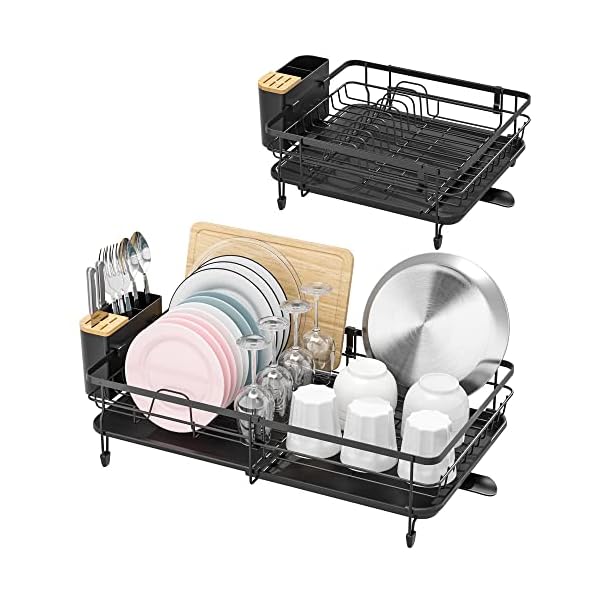 TOOLF Expandable , Adjustable Dish Rack, Foldable Dish Drying Rack with Removable Cutlery Holder Swivel Drainage Spout, Anti-Rust Plate Rack for Kitchen, 1 Piece, Black