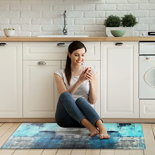 Ailuer Turquoise And Grey Kitchen Rugs And Mats Set 2 Piece Teal Modern Abstract Art Cushioned Anti-Fatigue Kitchen Rugs Abstract Modern Art Kitchen Mats For Kitchen & Laundry #TOP5
