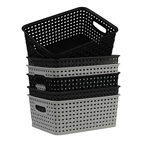 Ponpong Cestas de Almacenamiento Rectangulares de Plástico, Color Negro Blanco Gris, 6...