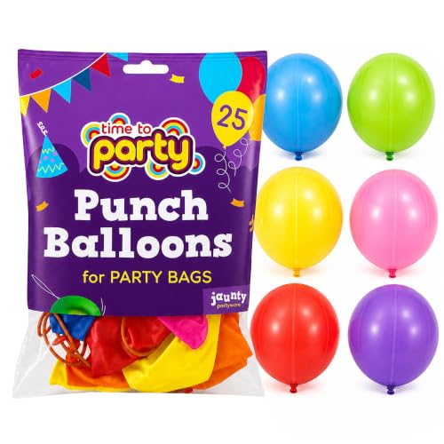Jaunty Partyware 25 Punch Balloons For Party Bags - Big Balloons For Kids Birthdays With Elastic Band - Kids Party Bag Fillers - 25pk x 12