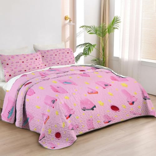 Allenjoy Twin Size Pink Puffball Quilt Bedspreads Dream Land Hero Bed Set Bedding Coverlet Fabric Washable with 1 Pillowcase SC00431-007