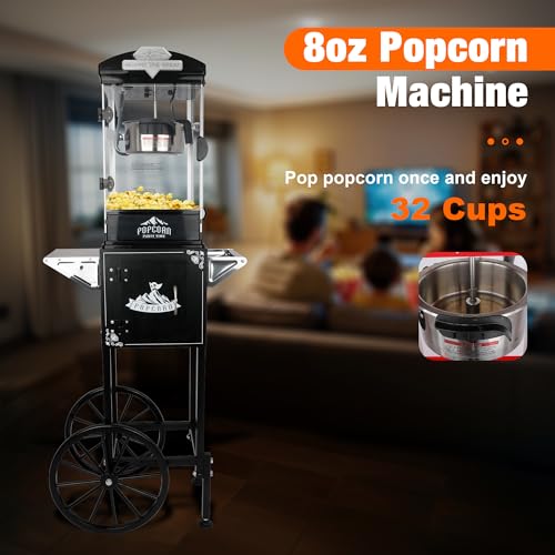 Image of 8 Oz Popcorn Machine with Cart (Black) - Compact Vintage Popcorn Maker - High Efficiency One Touch Operation with 3 Plastic Spoons, Storage for Movie Nights, Party