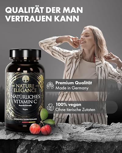 NATURE ELEGANCE Natürliches Vitamin C aus Acerola – Hochdosiert & vegan – 180 Kapseln für 6 Monate – Ohne Zusätze – Gepuffert & gut verträglich – Vitamin C hochdosiert in Deutschland produziert
