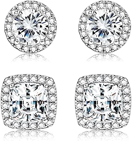 1-2 Pairs 925 Sterling Silver Mens Earrings Cubic Zirconia Halo Stud Earrings for Men 18K Gold Plated Heart/Round/Square Cut CZ Stud Earrings Set for Women Men