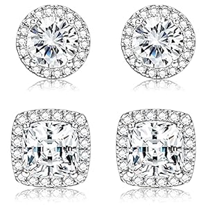 Dochais 2 Pares Pendientes Plata De Ley 925 Para Hombre Mujer Pendientes Diamante Zirconia Brillante Redondos Cuadrados Oro 14k Pendiente Hipoalergénicos Grandes Para Hombres Mujeres Unisex Plata Oro