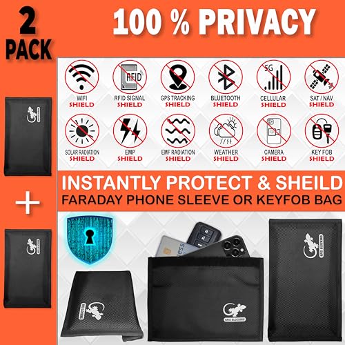 Image of Two Faraday Bags Anti-Tracking GPS RFID Signal Blocker Wallet Shielding Pouches (x2) Protective Cases for Cell Phone Car Key FOB, Data Privacy, Electronic Device Security (2 Pack - Pocket Black)