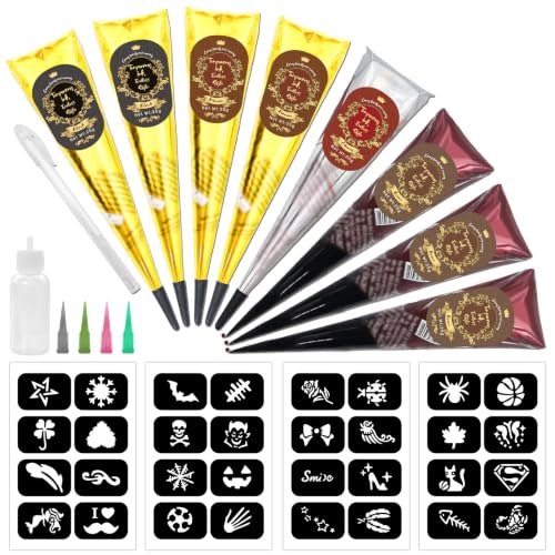 8PCS Temporary Tattoo Kit, 4 Colors (3 Brown,2 Maroon,2 Black,1Red), Draft Practice Pen with 32 Stencil Designs DIY Body Painting Art for Beginners & Pros, Tattoo Gifts Set for Party