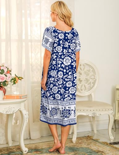 Image of Bloggerlove Mumu House Dress for Women with Pockets Short Sleeve Nightgowns | 15% Cotton, 80% Polyester, 5% Spandex, Floral Mumu House Dress, V-Neck, Short Sleeves, Midi Length, 2 Side Pockets, Lounging