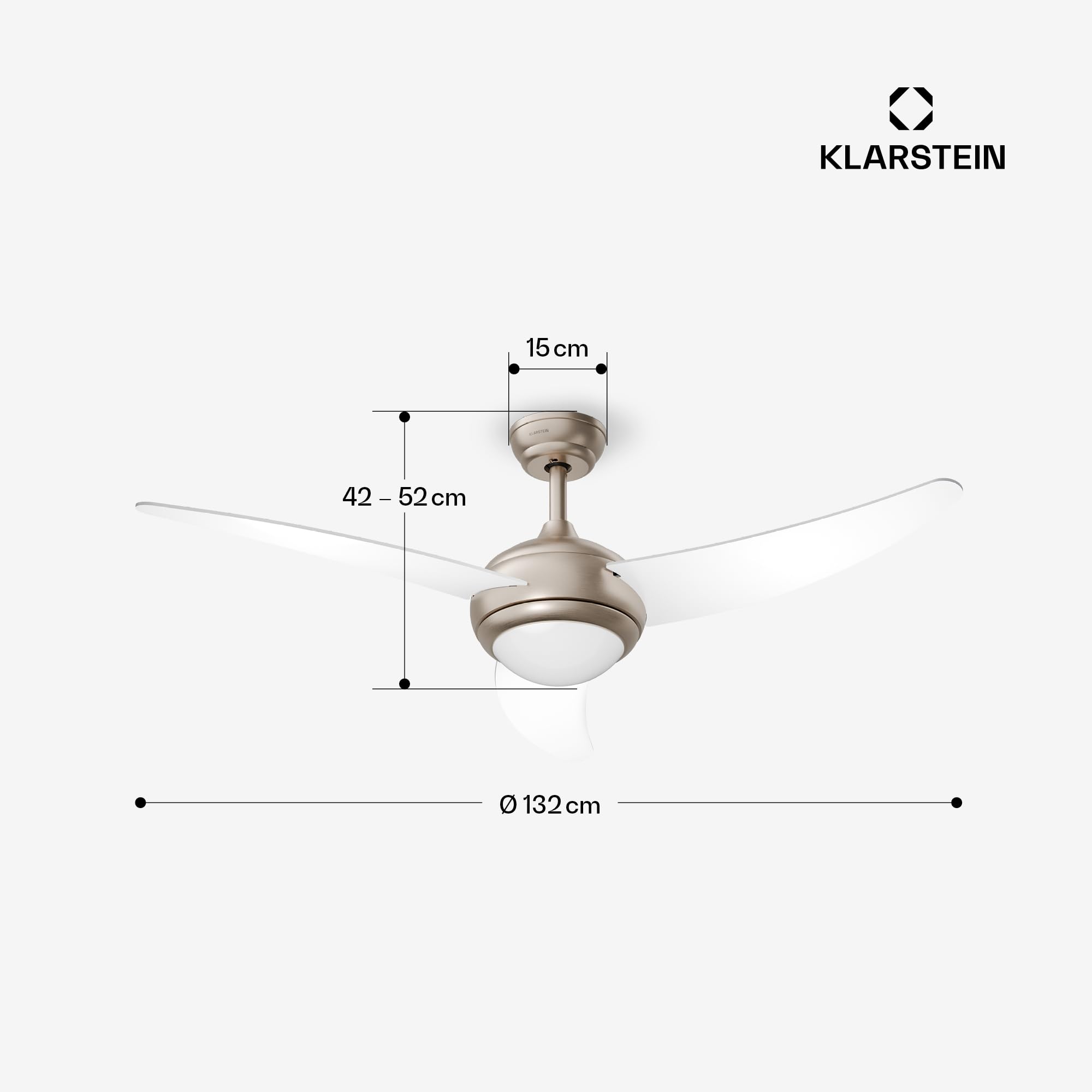 KLARSTEIN El Paso Ventilador de Techo con Luz – Silencioso, 6 Velocidades, Mando a Distancia, 3 Aspas, Interior & Exterior, Lámpara LED, 132cm, Reversible, White