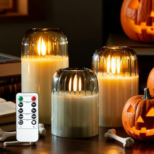 Ribbed Glass Battery Candles - FLameless Candles with Remote, Sag...