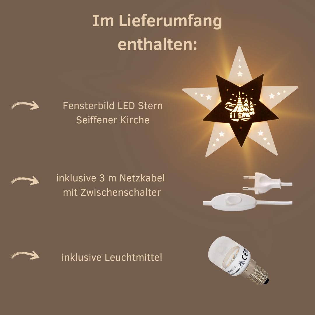 weigla E14-0,8 W Éclairage de Noël à LED pour fenêtre Motif étoile Seiffen Église de Seiffen Blanc/marron