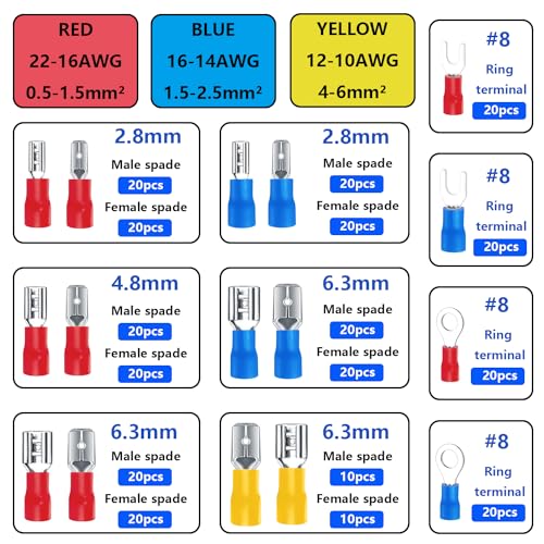 Tnisesm TN-01-3 300Pcs Spade Connector,Crimp Connectors 2.8Mm 4.8Mm 6.3Mm Male And Female Spade Connector Kit thumb #1