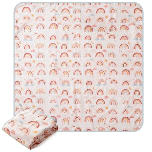 Image of Tranqun 4 Layers Toddler Blankets for Girls Boho Rainbow 47''x 47'' Pink Baby Muslin Blanket Washable Soft Reversible Cotton Quilt Lightweight Sun Raindrop Star Moon for Swaddle Kids Newborn Crib