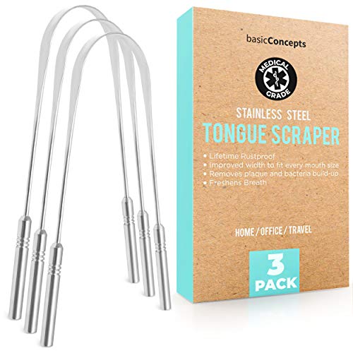 Tongue Scraper (3 Pack), Reduce Bad Breath (Medical Grade), Stainless Steel Tongue Cleaners