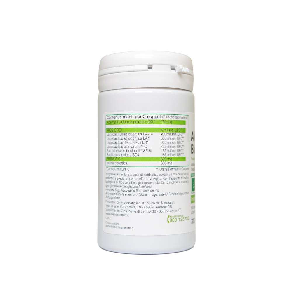 Benessence - AloePro bio con Aloe Vera Bio, Probiotici e Prebiotici – Prodotto Biologico - 4 MLD UFC con Aloe Vera - 60 capsule vegetali