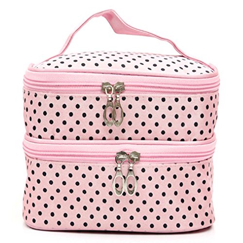 HappyDaily Beautiful and Multifunctional Double Layer Waterproof Makeup case or Cosmatic Bag or Travel Toiletry Pouch or Storage Bag for Women Girls with Inner Cosmetic Mirror (Pink Polka Dot)