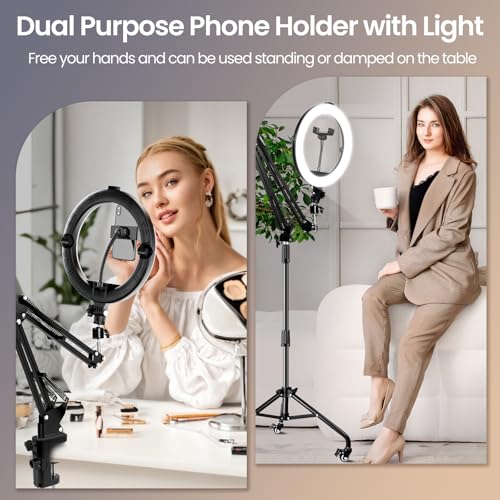 Overhead Phone Tripod for Cooking Videos with Casters, Ring Light with Stand Overhead Phone Mount Holder, Selfie Light Stand for Video Recording, Vlog, TikTok