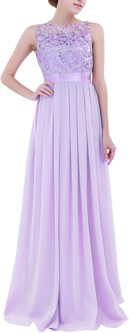 FEESHOW Women's Floral Lace Appliques Chiffon Wedding Bridesmaid Long Dress Prom Evening Gowns