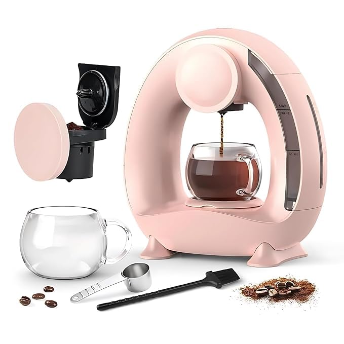 Image of Pod and Grounds Single-Serve Coffee Maker, 2 in 1 One Cup Coffee Machine Compatible with K-Cup Pod & Coffee Grounds /Tea, Compact Design, Champagne Color (Pink)