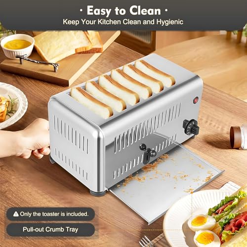 6 Toaster Stainless Steel, Commercial Toaster MachiNe with Widen Baking Slots, Bread Baking Machine with Timing Function, 5 Levels Adjustable, Removable Crumb Tray, for Bakeries - Image 5