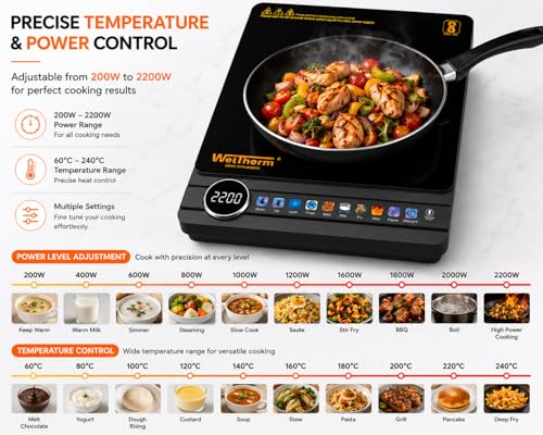 Image of WelTherm 2200W Infrared Cooker with Grill & Premium Color Touch Panel & LED Display | Adjustable Temperature & Power Control | Works with All Cookware | Portable Electric Cooktop | Timer & Child Lock