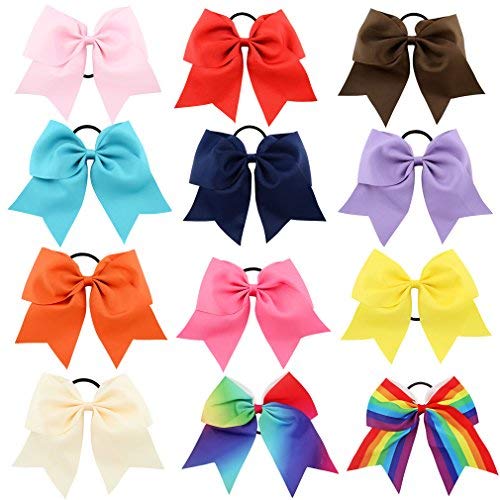 Jaciya 12 Pack Hair Bows Elastic Brand 8" Large Cheer Ponytail Holder Elastic Hair Ties Cheerleading Pony Tail Holder For Women Girl