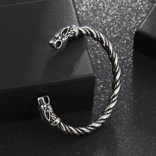 TURTLEDOVE Viking Wolf Fenrir Bangle - Adjustable Stainless Steel Norse Scandinavian Torc2