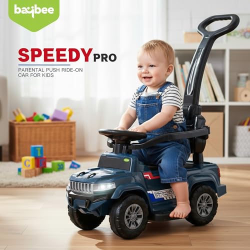 Image of Baybee Speedy Pro Baby Ride on Car for Kids with Parental Handle | Portable Kids Car with LED Lights, Music, Backrest & Basket | Toy Rideons Jeep | Toddler Push Baby Cars for 1 to 3 Years (Dark Blue)