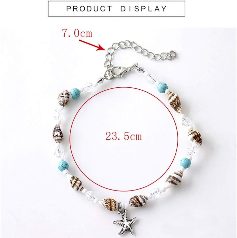 Zoestar Boho Turquoise Anklet Silver Starfish Ankle Bracelet Conch Beads Foot Chain for Women and Girls, Gold,Silver,Turquoise - Image 3