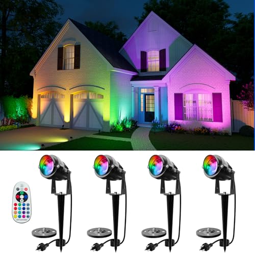 Image of 4 Pack RGB Landscape 12W Spotlights for Outdoor & Indoor Decoration Waterproof 120V Wired Color Changing Spot Light with Remote for Lighting Garden Tree, Potted Flowers, Cabinet Display, Artwork