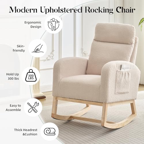 Image of GarveeHome Rocking Chair Nursery,Glider Chair Nursery Chair with High Back and Side Pocket, Rocking Accent Armchair with Rubber Wood Legs for Living Room /Bedroom /Nursery