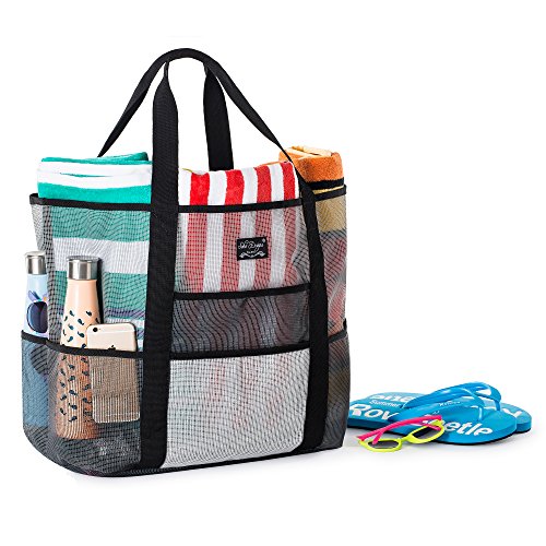 SoHo, Mesh Beach Bag - Toy Tote Bag - Large Lightweight Market, Grocery & Picnic Tote with Oversized Pockets (Black/White)4