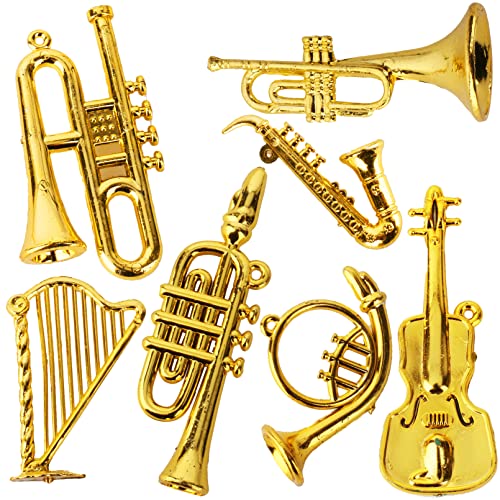 Mini Musical Instruments Set Miniature Musical Instruments Gold Christmas Tree Ornaments Mini Instruments Collection with Tiny Guitar Trumpet Saxophone Dollhouse Accessories Holiday Decorations 7pcs