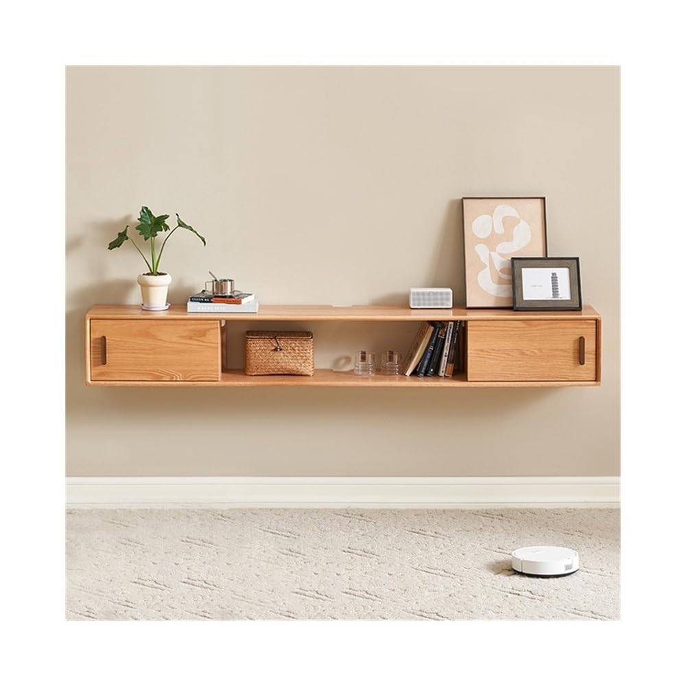 Szafka pod TV Dębowa pływająca szafka pod telewizor, ścienna, centrum konsoli multimedialnej z przesuwanymi drzwiami, półka do salonu, sypialni(1600x250x250mm)