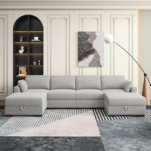 WoodenAura Sofá rinconera en U de 330 cm, tapizado en Terciopelo Acanalado, Color Gris, sofá Modular Grande con 2 reposapiés con almacenaje, diseño Moderno y cómodo para salón (Gris, 4 Plazas)