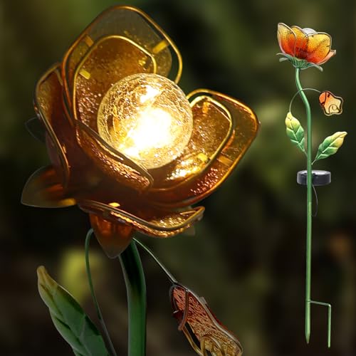 Solar Garden Lights Outdoor Solar Flowers Outdoor Waterproof LED Garden DecorGlass Rose Solar Lights Outdoor Decorative Landscape Patio Pathway Backyard Lighting Orange