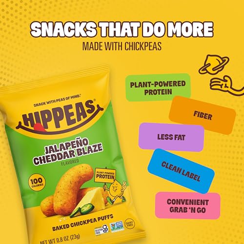 Hippeas Chickpea Puffs, Jalapeño Cheddar Blaze, 18 x 0.8 z, Baked Crunchy Chickpea Snacks with 3g Plant Protein, 2g Fiber & 50% Less Fat, Dairy & Gluten Free, Non-GMO, Top 9 Allergen Free - image 5