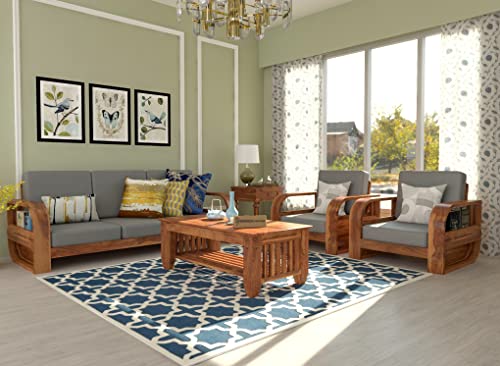 Image of Wooden 5 Seater Sofa Set for Living Room, Five Seater Sofa for Office & Lounge, 3+1+1 Seater Sofa Sets for Home, Sheesham Wood (Honey Finish)