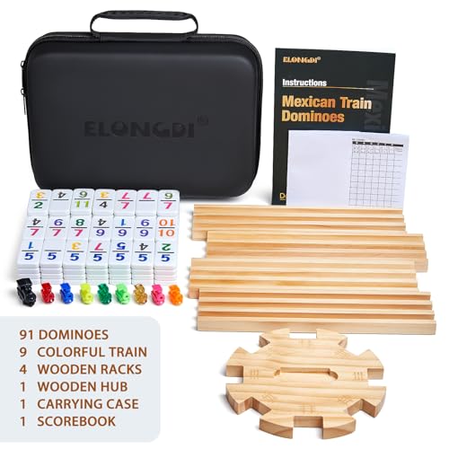 Elongdi Mexican Train Dominoes Set With 4 Wooden Trays/Racks And Portable Carrying Case,Travel Colorful Double 12 Dominoes thumb #1