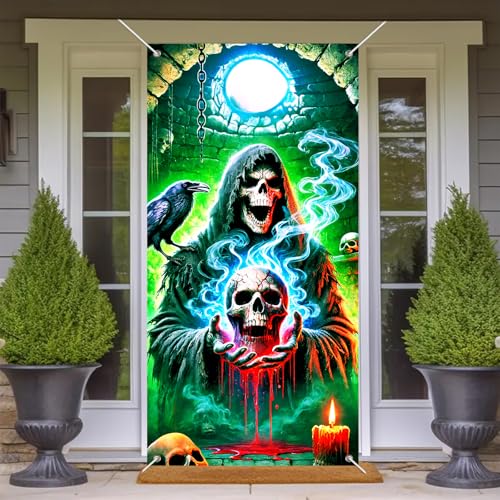 Image of BlissYard Halloween Door Cover Skull Skeleton 35x71 Inch Polyester | Door Banner, Wall Hanging | Skeleton Entry Decor, Skull Party Backdrop | Porch, Hallway, Photo Area (Gothic Art)