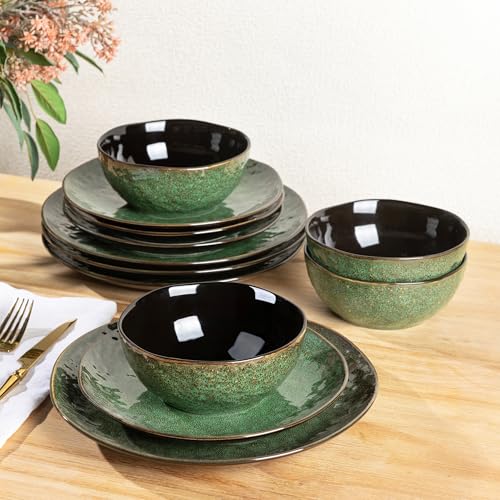 Image of LERATIO Ceramic Dinnerware Sets for 8,24-Piece Plates and Bowls Set | Handmade Reactive Glaze Ceramic Dish Set,Oven & Microwave,Dishwasher Safe,Scratch Resistant-Chestnut