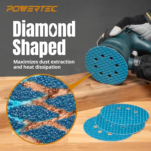 Image of POWERTEC 5 Inch 8-Hole Hook and Loop Diamond Shaped Sanding Discs, 50PK, 60 Grit for Random Orbital Sanders - J-Weight Cloth Backing for Long Life, Anti-Clog Sandpaper (44906)