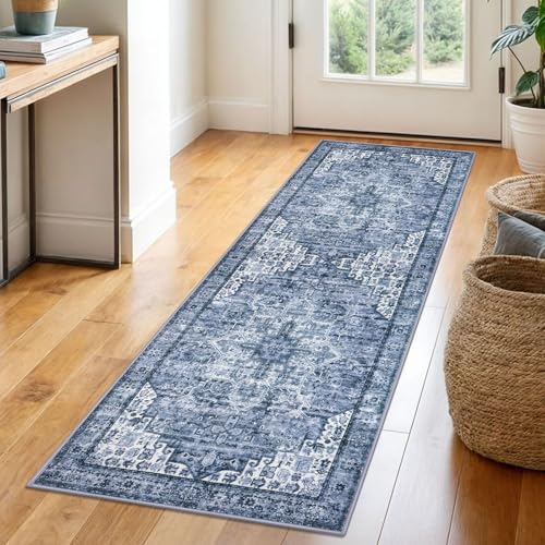 SIILOOM 2x6 Blue Runner for Hallways Non-Slip Printed Washable Kitchen