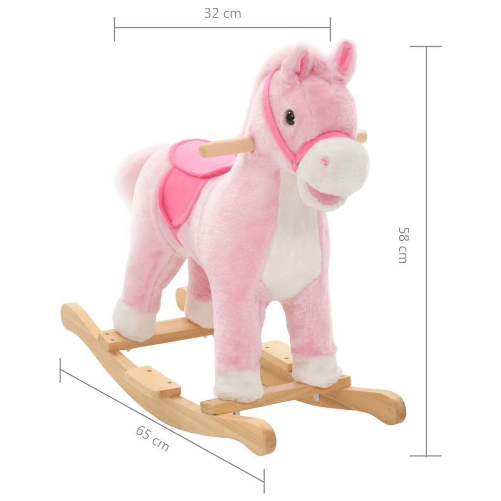Schaukeltier Pferd für Kinder Plüsch Schaukelpferd mit Holzsockel und Sicherheitsrahmen Rosa 65x32x58 cm
