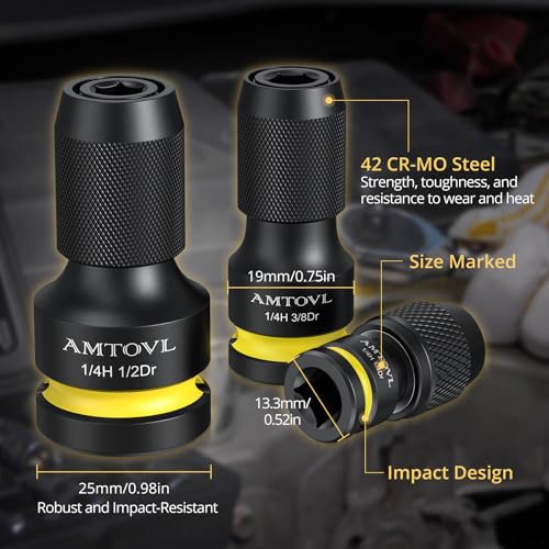 AMTOVL Impact to 1/4 Hex Converter - 1/2 3/8 1/4-INCH Drive Female to 1/4-Inch Hex Adapter with 3PCS Socket Adapter Set for Ratchet Wrench Drivers, Impact Bit Holders, Quick-Change Chuck - Thumbnail 5