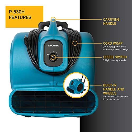 Image of XPOWER P-830H Pro 1 HP 3600 CFM Centrifugal Air Mover, Carpet Dryer, Floor Fan, Blower, Telescopic Handle and Wheels, for Water Damage Restoration, Janitorial, Plumbing, Home Use