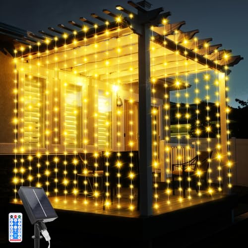 JIMACRO Solare Tenda Luminosa, 3Mx3M Impermeabile Tenda Luci, 10 Pcs Tenda Catena Solare 8 Modalità 300 LED Tenda Luminosa con Telecomando per Natale Wedding Party Decorazioni Luminose