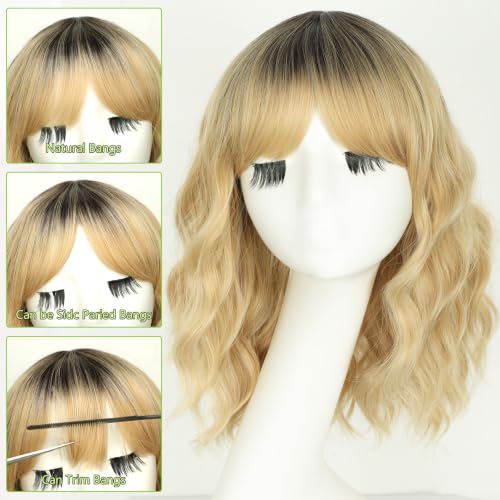 Image of AISI HAIR Bob Curly Wig with Bangs Short Wavy Wigs for Women | 14 inch, Ready to Wear, Heat Resistant Fiber Hair, Shoulder Length wig, Natural Appearance, Beginner Friendly for Daily