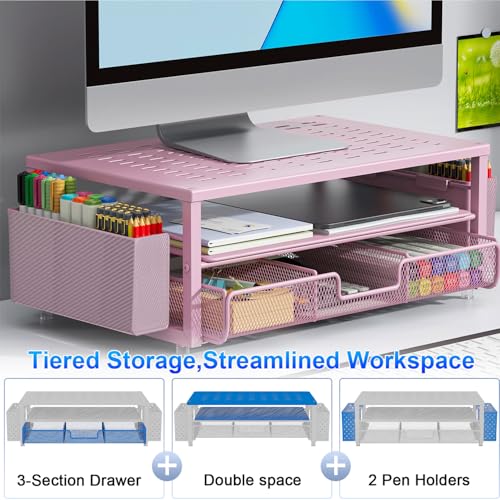 gianotter Monitor Stand with Drawer and Pen Holder, Desk Organizers and Accessories, 2-Tier Monitor Riser, Pink Office Decor for Women(Pink)